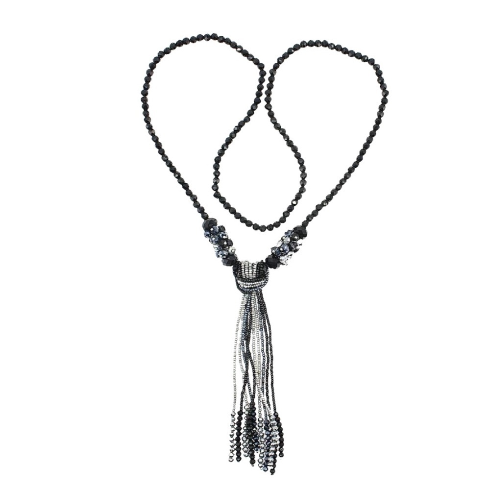 Black Beaded Tassel Necklace – 26" Strand with 7.5" Crystal Fringe Drop